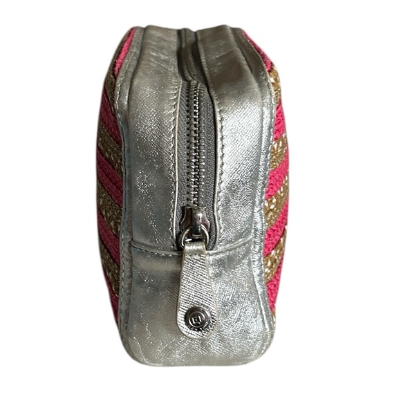 Eric Javits Pink Striped Woven Straw & Silver Leather Clutch Bag Cosmetic Case